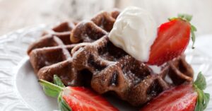 Chocolate Waffles with Ice Cream and Fresh Strawberries