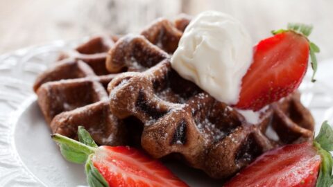 Chocolate Waffles with Ice Cream and Fresh Strawberries