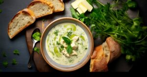 Creamy Chicken Soup with Basil Oil and Bread