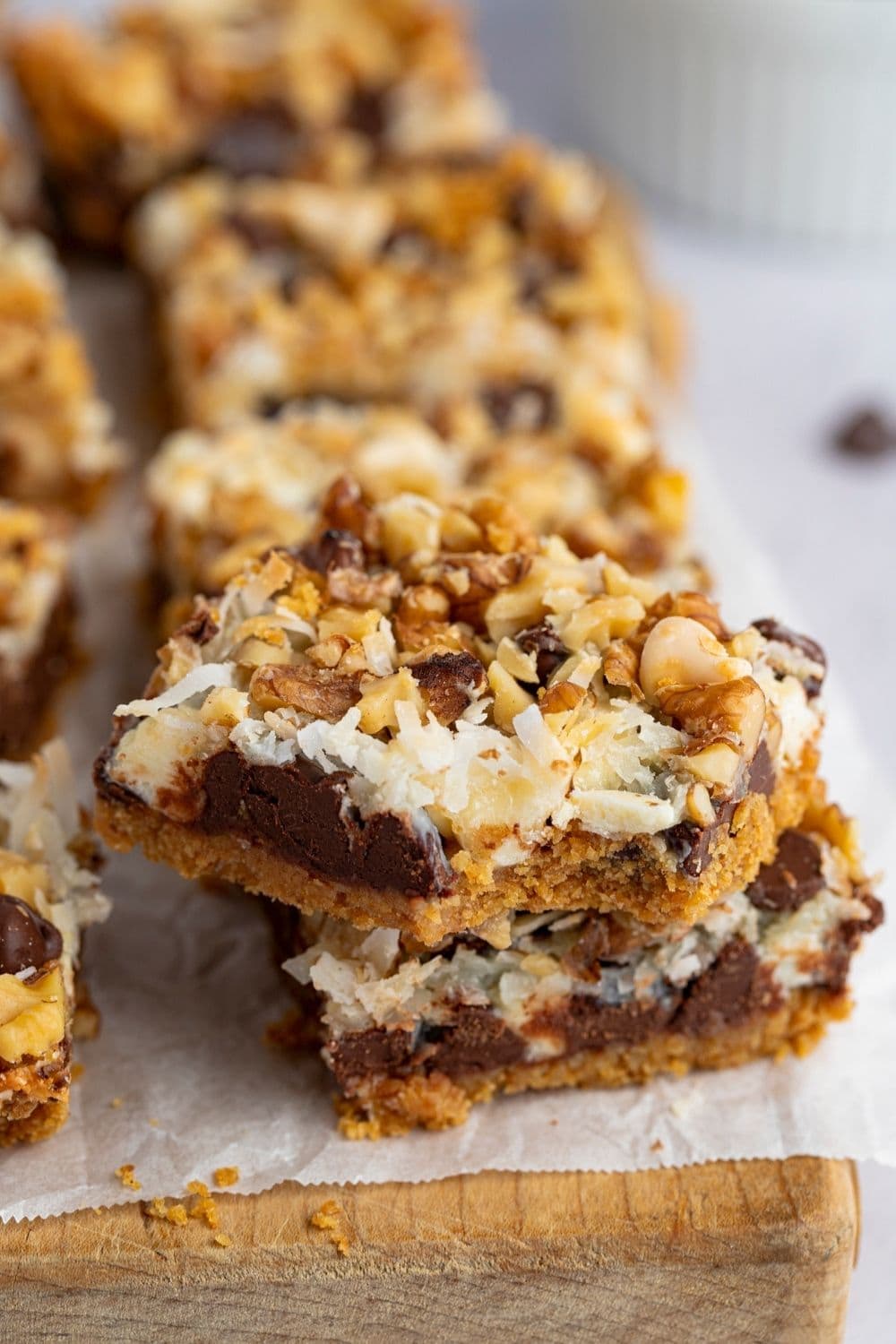 Close up of Hello Dolly Bars with Walnuts, Chocolate Chips and Shredded Coconut