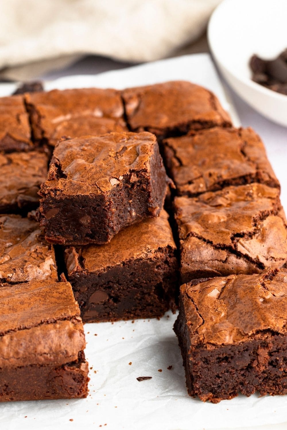 Tray of thick Fudgy Chocolate Brownies with one slice removed
