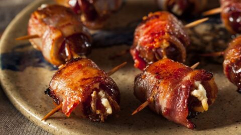 Homemade Bacon Wrapped Dates with Goat Cheese on Sticks
