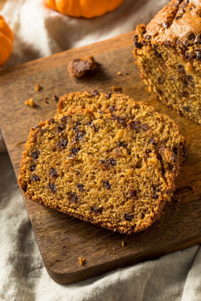 Slice of Chocolatey Pumpkin Bread with Chocolate Chips