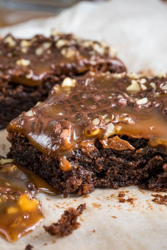 Slice of Fudgy Caramel Brownies with Nuts