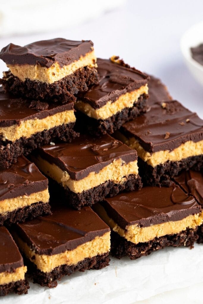 Stacks of Homemade Buckeye Brownies with Peanut Butter and Chocolate