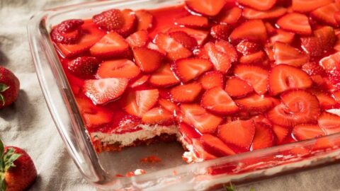 Sweet Strawberry Pretzel Salad in a Baking Dish