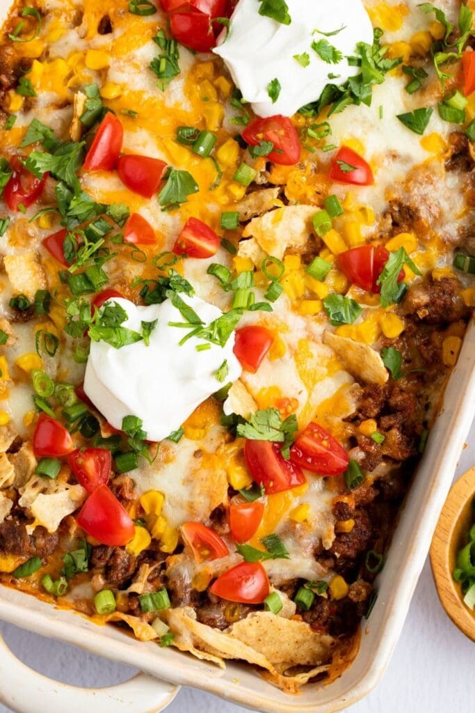 Taco Casserole with Mayonnaise, Corn, Onions and Tomatoes