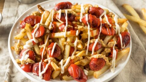 Tasty Fries with Vienna Sausage, Mayo and Mustard Sauce