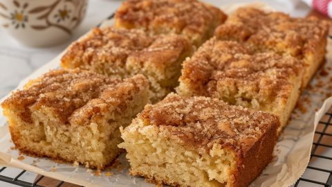 Slices of Snickerdoodle Coffee Cake on Parchment with Tea in the Background