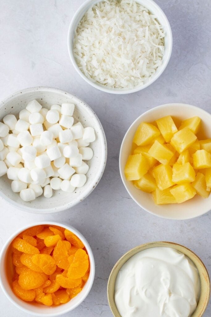 5-Cup Salad Ingredients: Marshmallows, Coconut, Pineapple, Sour Cream and Mandarin Oranges
