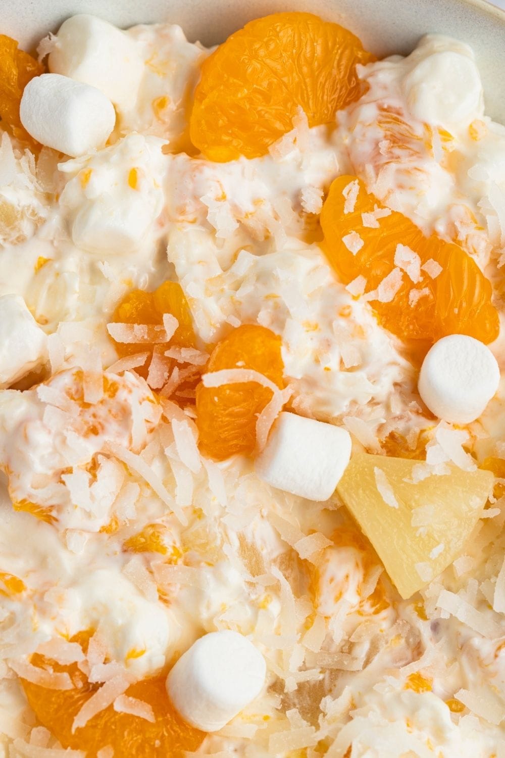 Close up of 5-Cup Salad with Marshmallows, Shredded Coconut and Fresh Fruits
