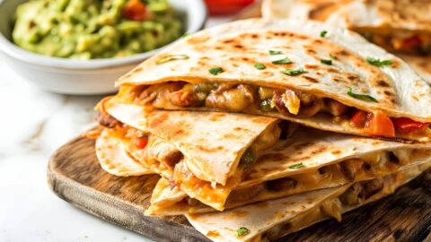Chicken quesadillas with guacamole: A delicious Mexican dish consisting of grilled chicken and melted cheese, served with a side of creamy guacamole