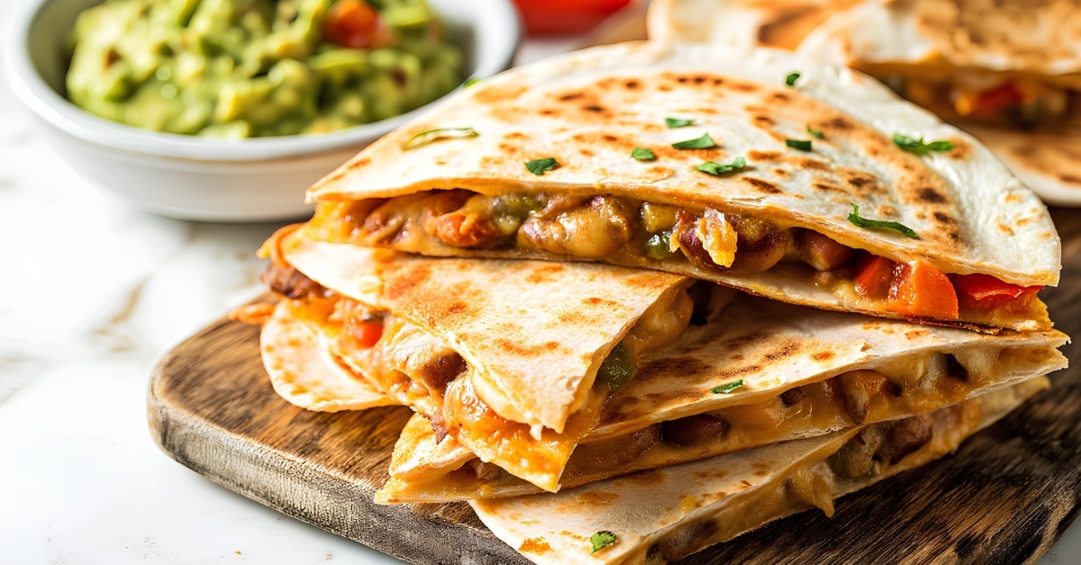 Chicken quesadillas with guacamole: A delicious Mexican dish consisting of grilled chicken and melted cheese, served with a side of creamy guacamole