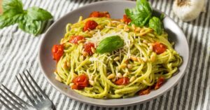 Basil Pesto Pasta with Tomatoes and Pine Nuts