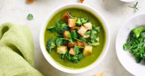 Broccoli Soup with Bread Crumbs in a Bowl