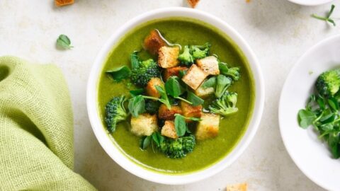 Broccoli Soup with Bread Crumbs in a Bowl