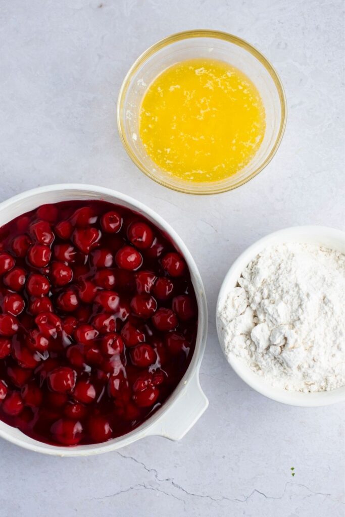 Cherry Cobbler Ingredients: Cherry Pie Filling, Cake Mix and Melted Butter