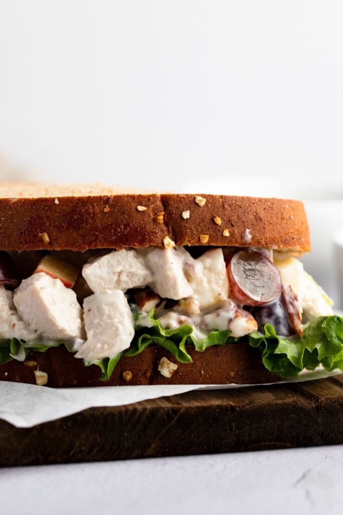 Close up of Arby's Chicken Salad Sandwich with Grapes and Lettuce
