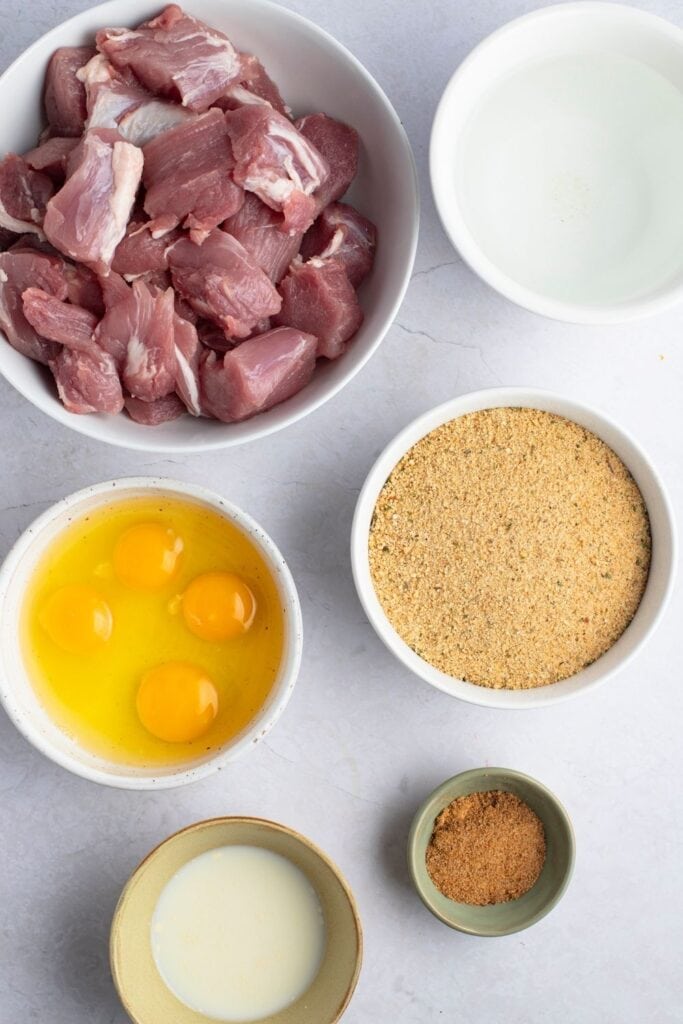 City Chicken Ingredients: Boneless Pork, Salt and Pepper, Eggs, Milk, Bread Crumbs, Water and Oil