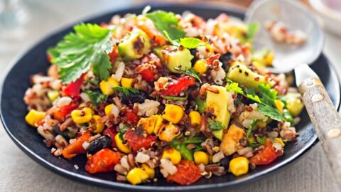 Corn, Quinoa, Avocado, Tomato and Rice Salad with Chili Dressing