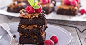 Fudgy Dark Chocolate Brownies with Peanut Butter and Raspberries