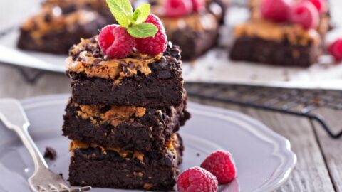 Fudgy Dark Chocolate Brownies with Peanut Butter and Raspberries