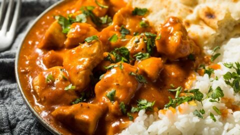 Homemade Butter Chicken with Rice and Naan Bread