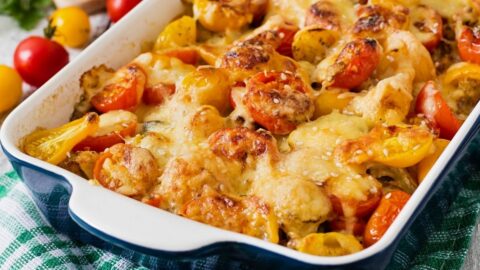 Homemade Cheesy Breakfast Casserole with Mushrooms, Zucchini and Cherry Tomatoes