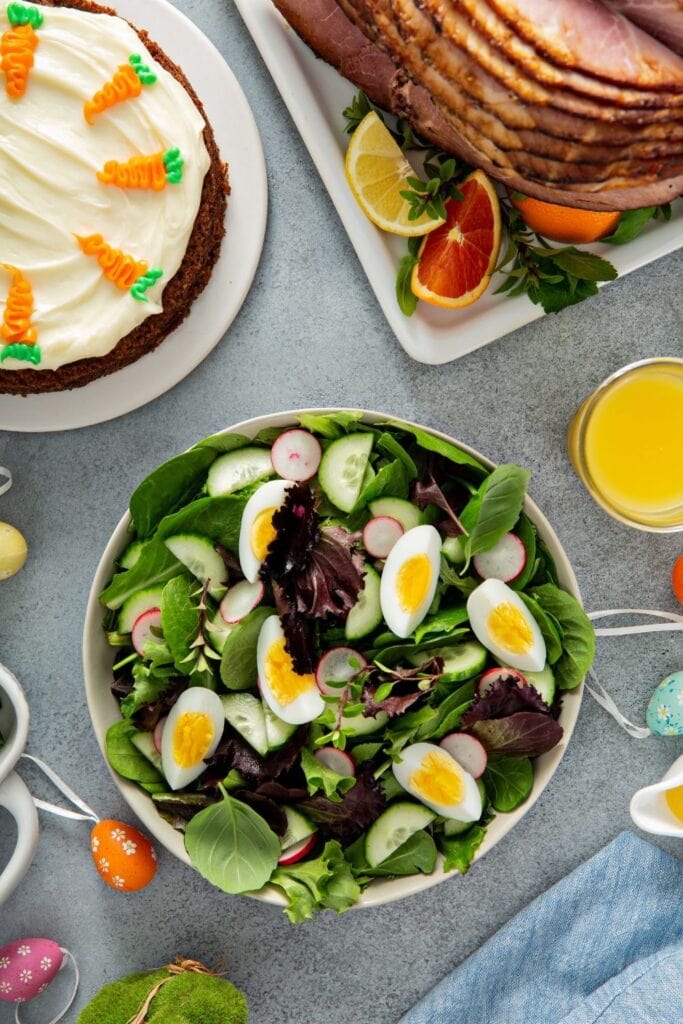 Homemade Easter Salad with Herbs, Cucumber and Boiled Eggs