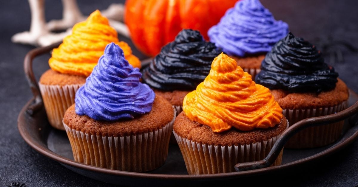 Homemade Halloween Inspired Cupcakes with Black, Orange and Purple Buttercream