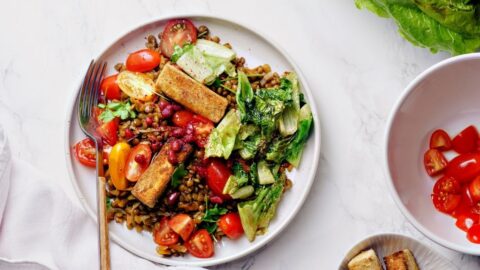 Homemade Lentil Salad with Fried Cheese and Vegetables