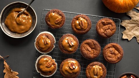 Homemade Pumpkin Spice Muffins with Salted Caramel and Pecan Nuts