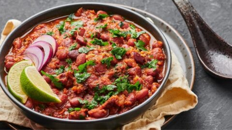 Kidney Bean Curry in a Black Bowl
