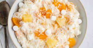 Mildly Sweet 5-Cup Salad with Shredded Coconut, Marshmallows, Pineapple and Mandarin Oranges
