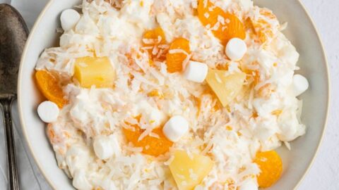 Mildly Sweet 5-Cup Salad with Shredded Coconut, Marshmallows, Pineapple and Mandarin Oranges