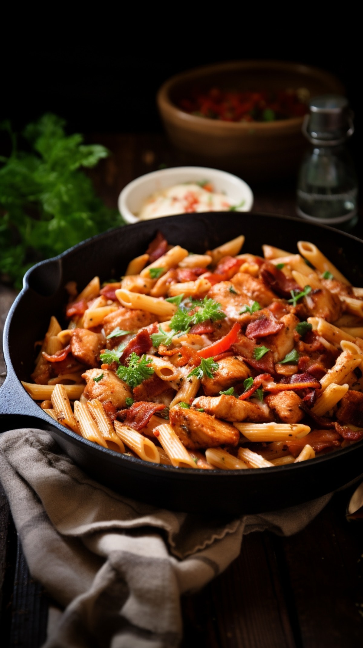 One Pot Chicken and Bacon Pasta in a skillet