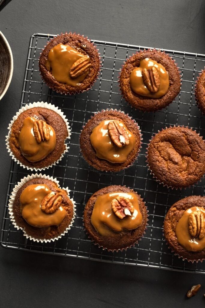 Pumpkin Spice Muffins with Salted Caramel and Pecan Nuts