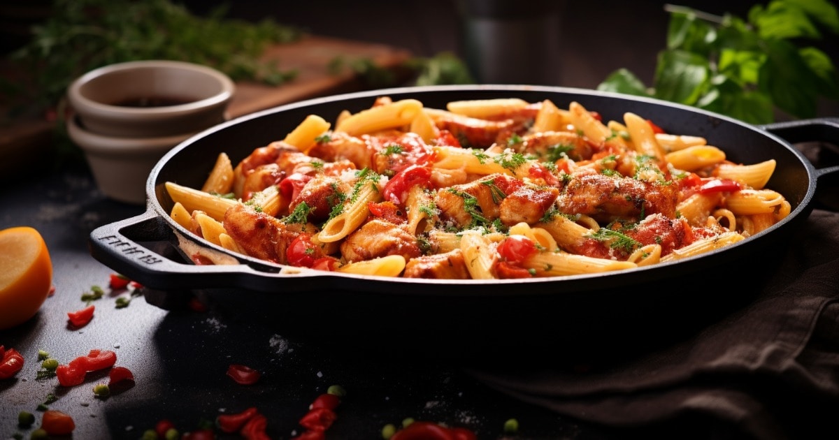 One Pot Chicken and Bacon Pasta in a skillet