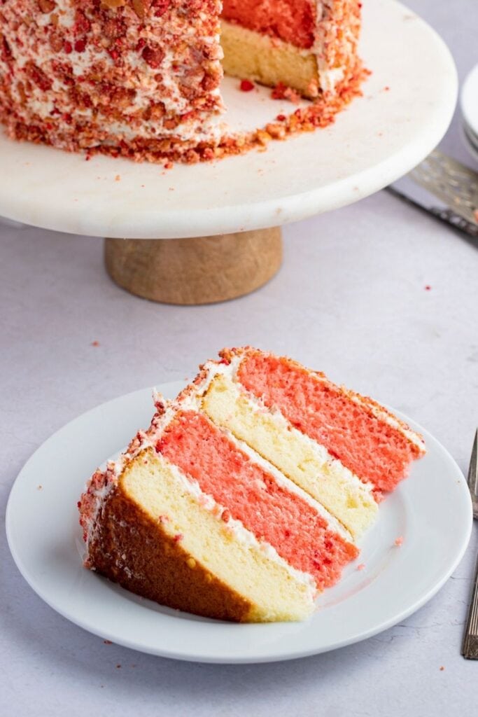 Close up of a Slice of Strawberry Crunch Cake