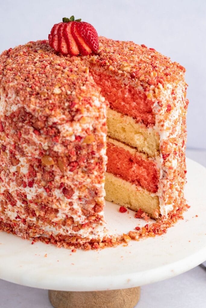 Strawberry Crunch Cake with Fresh Strawberry on Top