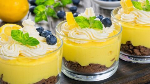 Sweet Homemade Lemon Curd Mousse with Whipped Cream and Blueberries