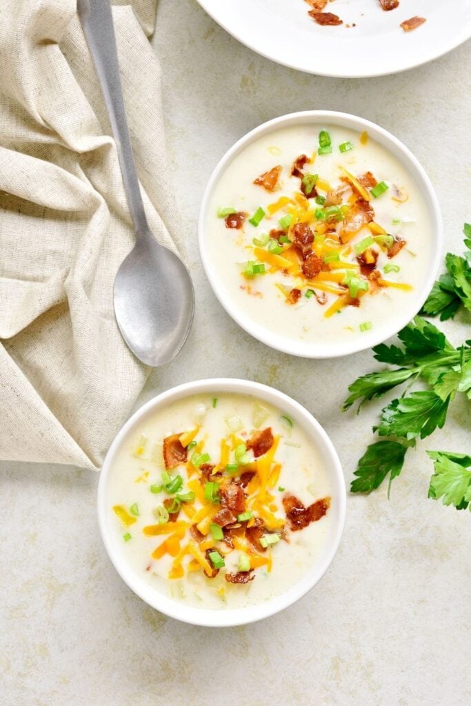 Warm Potato Soup with Cheddar Cheese, Bacon and Green Onions