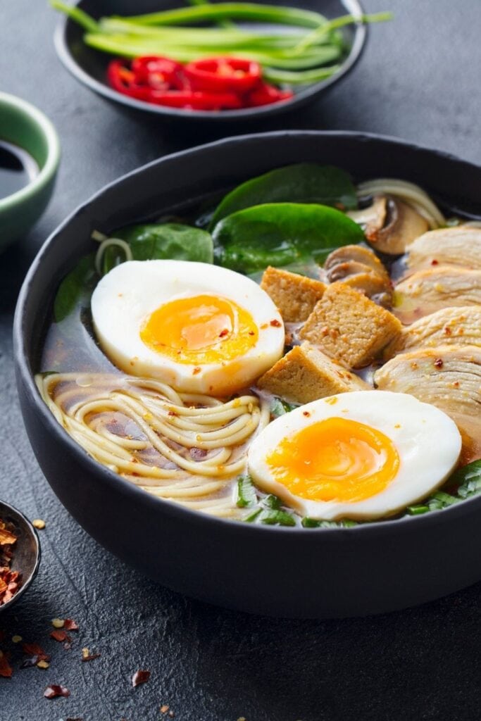 Asian Ramen Noodle Soup with Eggs and Tofu