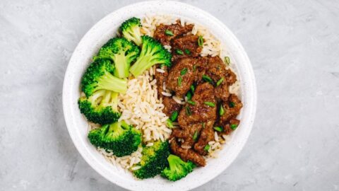 Beef and Broccoli with Rice in a Plate