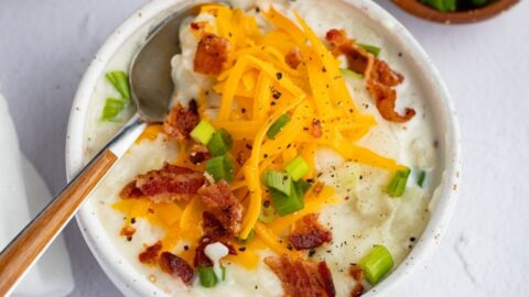 Bowl of Potato Soup with Cheddar Cheese, Bacon and Green Onions
