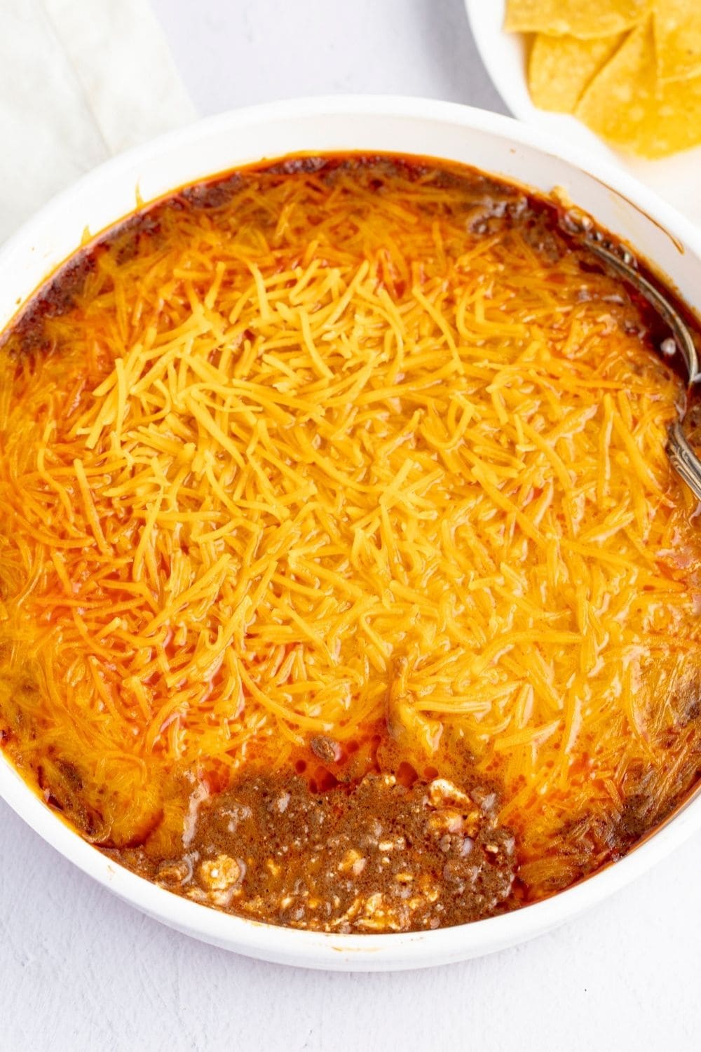 Cheesy Skyline Chili Dip in a Bowl