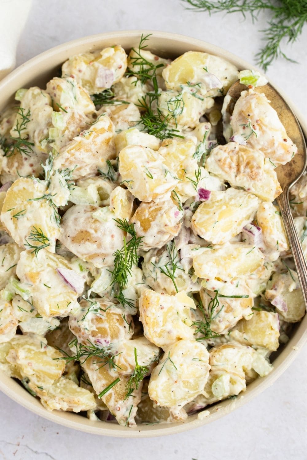 Close up of Ina Garten's Creamy Potato Salad in a Bowl