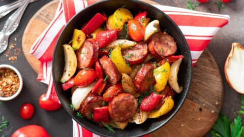 Fried Sausage with Bell Peppers, Tomatoes and Onions