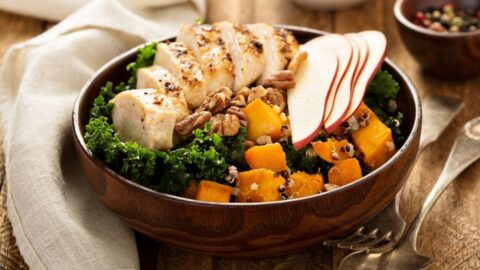 Grilled Chicken Bowl with Pecan Nuts, Kale, Apple and Butternut Squash