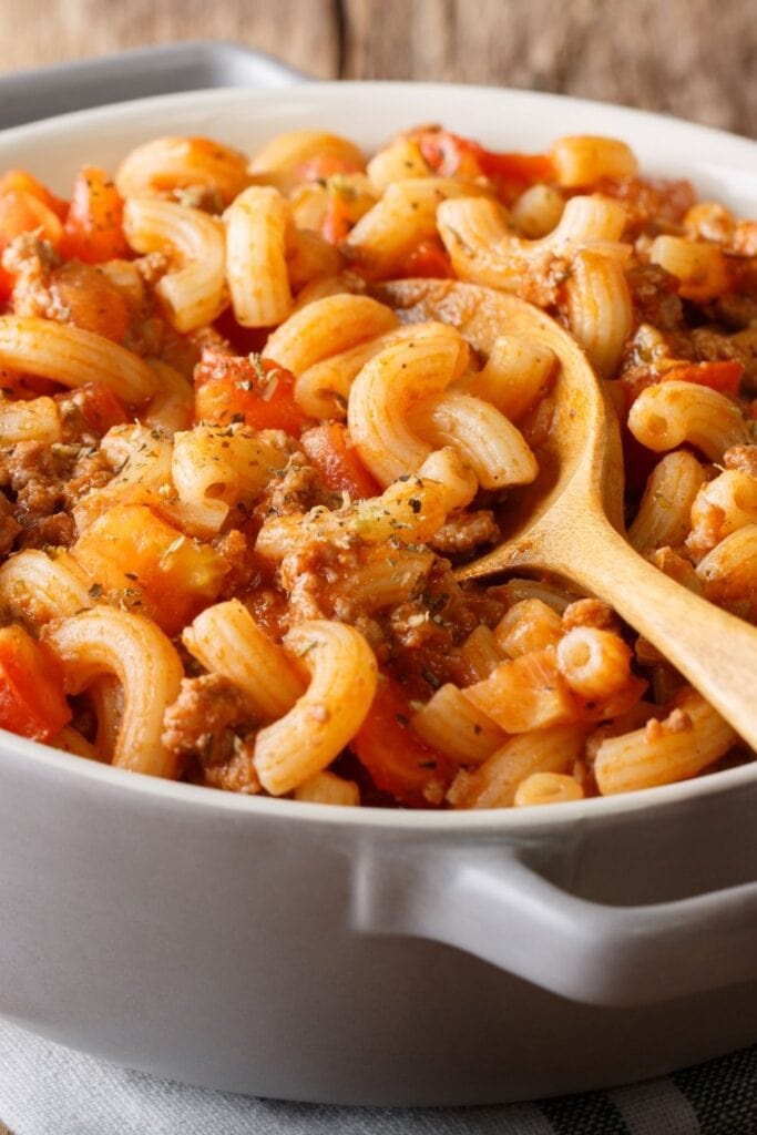 Homemade American Goulash with Elbow Pasta, Tomatoes and Ground Beef